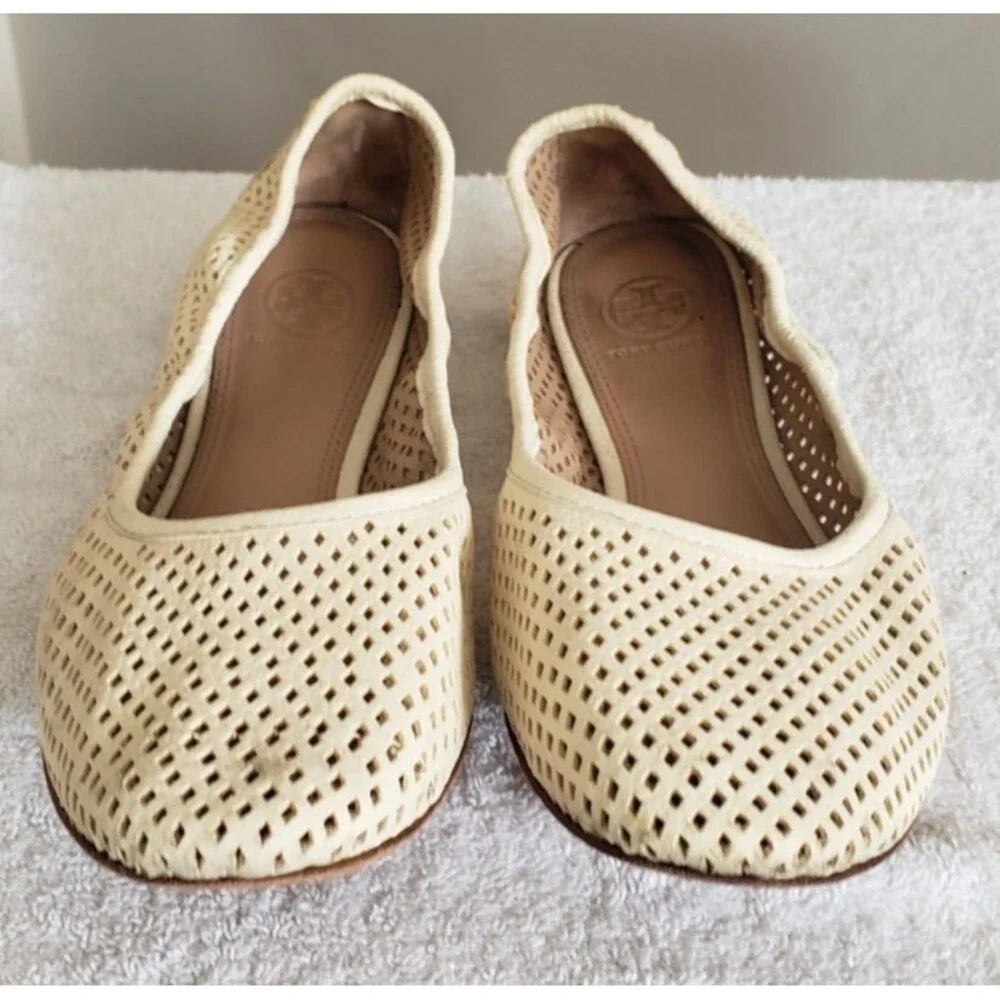 Tory Burch Whitaker Ballet Flats Women 8.5M Perforated Leather Ivory 21168785